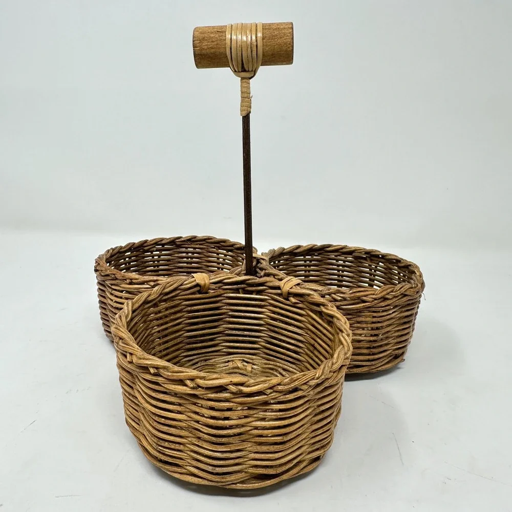 Vintage Wicker 3 Section Caddy Basket Wood Handle Brown Boho Farmhouse Cottage